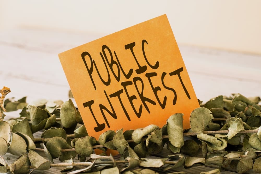 A conceptual image of a sign with the words "public interest"