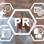 A conceptual image with “PR” in the center surrounded by public relations and business-themed icons.