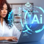 A young professional African American woman works on her laptop with AI and technology-releated icons superimposed on the image.